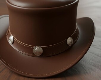 May include: A brown leather top hat with a wide brim. The hat features a decorative band with silver-colored circular embellishments. The hat is made of a smooth, shiny material and has a classic, elegant design.