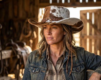 May include: A cowboy hat featuring a white and brown cowhide pattern with a braided leather band and thin leather chin straps. The hat has a wide, curved brim and a structured crown, showcasing a distinct spotted texture across the surface.