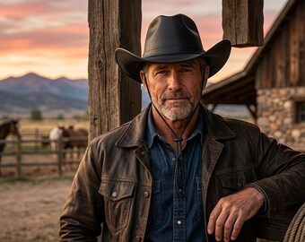 May include: A person wearing a black cowboy hat with a chin strap, a dark brown leather jacket, and a blue button-down shirt. The individual has a graying beard and is positioned near a wooden post, with horses and a barn visible in the distance.