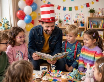 May include: A person wearing a red and white striped top hat reads a book to a group of children. The scene includes colorful balloons, a dragon plush toy, a rabbit plush toy, and cupcakes on a table. The children are wearing casual clothing.