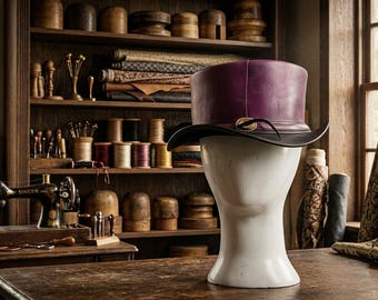 May include: A purple leather top hat with a black brim and a small gold-toned metal accent on the front band, displayed on a white mannequin head. The hat features a structured cylindrical crown and a curved brim, showcasing smooth leather texture.