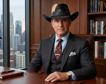 May include: A person wearing a black and tan cowboy hat, a charcoal gray three-piece suit, a light blue dress shirt, and a patterned burgundy tie with a silver tie bar. The attire includes a white pocket square, a gold wristwatch, and a gold ring.