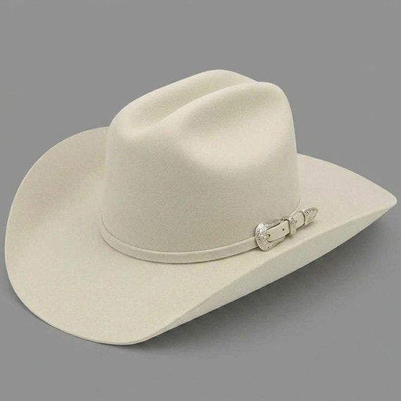 Ivory Western Cowboy Hat, Wool Felt Ranch Hat, Silver Buckle Band, Classic Rodeo Style Hat for Men