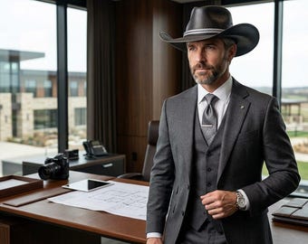 May include: A charcoal gray three-piece suit consisting of a blazer, a matching vest, and trousers, paired with a white dress shirt, a gray necktie with a silver tie bar, and a dark brown cowboy hat with a decorative silver band.