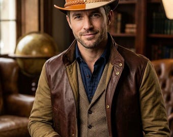 May include: A two-toned top hat in tan and brown leather featuring a braided band and metallic studs. The hat is worn with a brown leather and tan canvas jacket, a brown herringbone vest with a chain, and a dark blue button-down shirt.