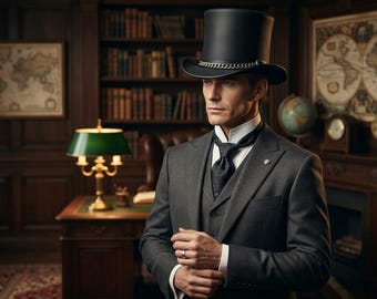 May include: A charcoal gray three-piece suit featuring a notched lapel jacket, a matching vest, and a white collared shirt with a dark patterned cravat. A black top hat with a silver chain detail is worn, and a silver ring is visible on the finger.