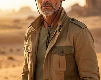 May include: A tan wide-brimmed hat with a dark brown braided band and chin strap, worn with a khaki utility jacket featuring multiple pockets, epaulets, and a button-down front, paired with a plain olive green t-shirt and a brown leather watch.