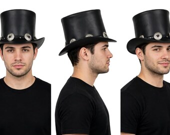 Black Leather Top Hat with Silver Conchos, Handmade Western Steampunk Top Hat, Rocker Gothic Hat for Men Women, Festival Costume Gift