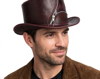 Burgundy Leather Top Hat, Zipper Steampunk Hat, Distressed Oxblood Leather Hat, Gothic Top Hat for Men Women, Handmade Festival Hat