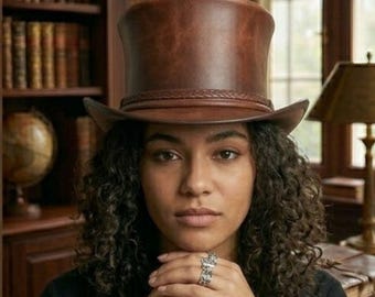 May include: A brown leather top hat with a structured crown and a wide, slightly curved brim. The hat features a decorative braided leather band encircling the base of the crown, providing a textured detail against the smooth leather surface.