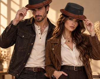 May include: Two matching fedora hats featuring a black crown and a brown leather band with a side buckle. Each hat has metal eyelets on the sides. The hats are worn by two individuals who are also wearing brown jackets and light-colored shirts.