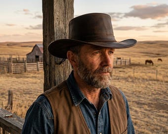 May include: A person with a beard wearing a dark brown leather cowboy hat, a blue button-down shirt, and a brown vest. The person is positioned outdoors in a rural landscape with a wooden fence, a barn, and horses visible in the distance.