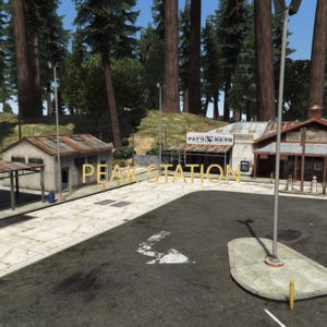 May include: An outdoor scene featuring a gas station and other small buildings with weathered metal roofs. The words "PEAK STATION" are displayed in large yellow letters. Tall trees and a map are visible in the background.