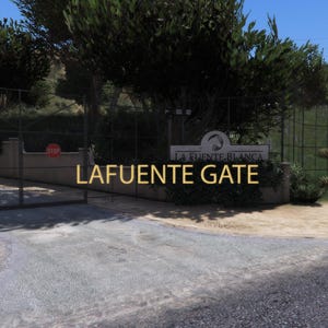 May include: An image of a gated entrance with the text "LAFUENTE GATE" in gold lettering. The gate is made of metal and has two red stop signs. The sign above the gate reads "LA FUENTE BLANCA". The scene is set outdoors with trees and a paved road.
