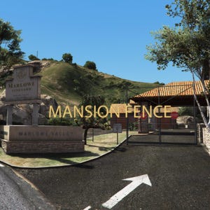 May include: A scenic view of a vineyard entrance with a sign that reads "Marlowe Vineyard" and "Marlowe Valley". The words "Mansion Fence" are displayed in gold lettering. A white arrow points towards the entrance.