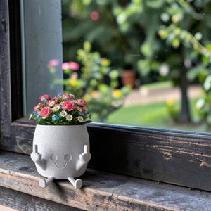 May include: A white ceramic plant pot with a smiling face and legs, giving the middle finger with both hands. The pot is filled with pink, blue, and white artificial flowers. The pot sits on a wooden windowsill with a blurred green background.