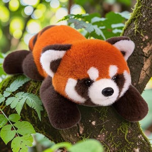 Könnte beinhalten: Ein Stofftier-Rotfuchs mit orange-braunem Fell, weißen Abzeichen und einer schwarzen Nase. Das Plüschtier liegt auf einem Ast, umgeben von grünen Blättern. Ein bezauberndes und kuscheliges Spielzeug.