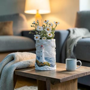 Molde de silicona: Maceta con paisaje de montaña, decoración costera con faro, portavelas de resina y hormigón para suculentas