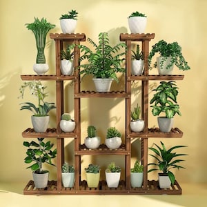 Puede incluir: Un estante de madera para plantas de varios niveles, lleno de varias plantas en macetas. El estante está hecho de madera marrón oscuro y presenta múltiples estantes de diferentes tamaños. Las plantas incluyen helechos, suculentas y otras plantas verdes en macetas blancas.