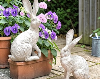 Set of 2 Rustic Farmhouse Rabbit Statues: Outdoor Garden Bunny Decor