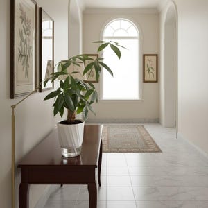 May include: A hallway featuring a dark brown console table, a white potted plant, and framed botanical prints. The hallway has a marble tile floor and a patterned rug. An arched window is at the end of the hallway.