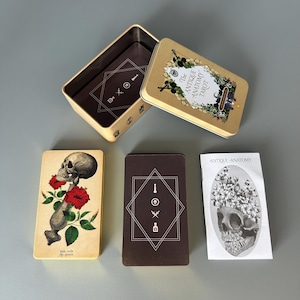 Puede incluir: Una caja metálica dorada abierta con una baraja de cartas del tarot y un folleto. La baraja presenta cartas con ilustraciones de calaveras y flores, y diseños geométricos. La tapa de la caja muestra el texto "The Antique Anatomy Tarot".