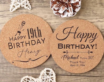 Posavasos de corcho personalizados para cumpleaños, con nombre y edad personalizados, ideales para fiestas, regalos para cumpleaños de 19 y 30 años, decoración única para la mesa de celebración.