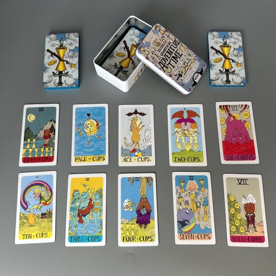 Adventure Time Inspired Tarot Deck with Tin Box, Cartoon Style Divination Cards, Cute Fantasy Tarot Gift for Fans
