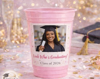 Vasos personalizados para fiestas, recuerdos para fiestas de graduación, vasos para la promoción de 2026, recuerdos para la fiesta de graduación de la clase de 2026, vasos con fotos, vasos para celebraciones de graduación.