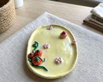 Handmade Ceramic Trinket Tray | Yellow Pumpkin Dish, Cottagecore Pottery Jewellery Organiser