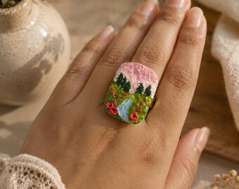 Handmade Polymer Clay Landscape Ring, Floral Cottagecore, Regency Style Accessory