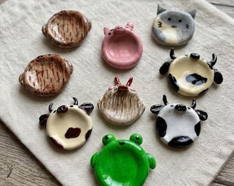 Handmade Ceramic Animal Ring Dish, Frog, Cow, Pig, Cat Desk Decor (UK Made)