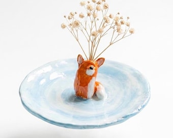 Hand-sculpted Fox Trinket Dish, Hand-painted Clay Ring Tray, Cottagecore Bud Vase