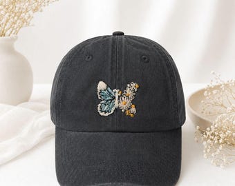 Hand Embroidered Butterfly Daisy Baseball Cap, Blue Botanical Nature Hat