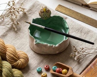 Hand-sculpted Ceramic Brush Holder, Sage Teal Glaze, Bird Detail, Studio Desk Organizer
