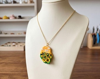 Hand-Sculpted Polymer Clay Sunflower Pendant Necklace – Floral Nature Jewellery, Gold Chain