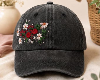 Casquette de baseball à fleurs brodée à la main | Chapeau d'été en denim noir