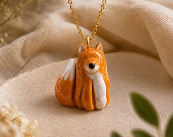Handmade Fox Pendant Necklace · Polymer Clay Animal Jewellery · Gold Chain · Cottagecore Style
