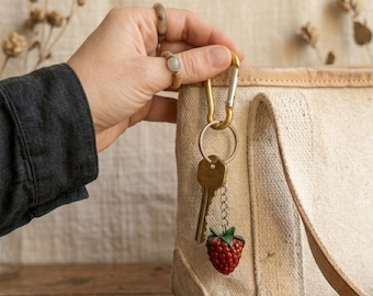Handmade Raspberry Clay Keychain | Epoxy Resin Glazed Fruit Bag Charm, UK Made