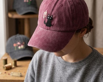 Hand Embroidered Black Cat Dad Hat | Glow In The Dark Beads, Washed Cotton Baseball Cap