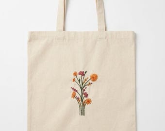 Hand Embroidered Wildflower Canvas Tote Bag | Lightweight Everyday Market Carry Bag