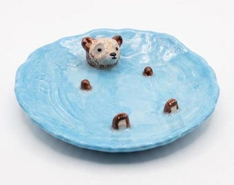 Hand-sculpted Bear Trinket Dish, Blue Clay Ring Tray, Woodland Cabin Decor
