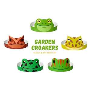 May include: A collection of five colorful frog-themed headbands. The headbands feature various frog designs in green, orange, and yellow, with the text "GARDEN CROAKERS CLASSIC & PET FROGS SET".