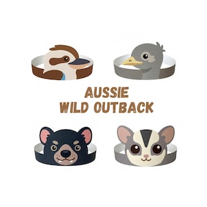 May include: Four Australian animal headbands: a kookaburra, a bird, a Tasmanian devil, and a sugar glider. Each headband is a different color and features the animal's face. The text "AUSSIE WILD OUTBACK" is in the center.