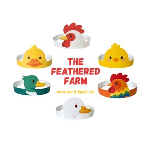May include: A set of six paper headbands featuring farm animal faces: a duck, a rooster, a chick, a duck, a hen, and a rooster. The text "THE FEATHERED FARM" and "POULTRY & BIRDS SET" are displayed in red. The headbands are white with colorful animal faces.