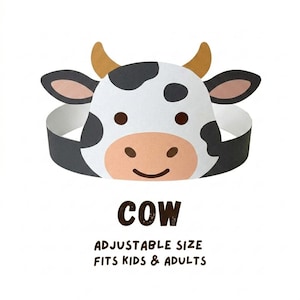 Puede incluir: Una corona de papel con temática de vaca con base blanca, manchas negras y detalles marrones. La corona presenta una cara de vaca sonriente con la palabra "COW" y el texto "ADJUSTABLE SIZE FITS KIDS & ADULTS" debajo.