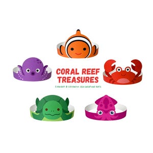Coral Reef Paper Crowns, Under the Sea Party Hats, Clownfish Octopus Turtle Crab (Digital Download)
