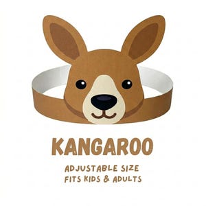 Puede incluir: Una diadema con forma de cabeza de canguro marrón con una banda blanca. El canguro tiene orejas grandes, ojos negros y una nariz negra. El texto debajo dice "KANGAROO" y "TAMAÑO AJUSTABLE PARA NIÑOS Y ADULTOS".