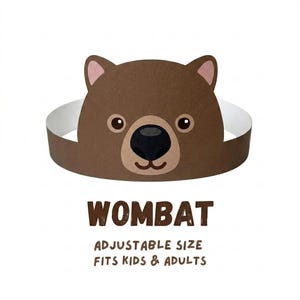 May include: A brown wombat-shaped paper crown with a white adjustable band. The wombat face has large eyes, a black nose, and a smiling mouth. Text below reads "WOMBAT" and "ADJUSTABLE SIZE FITS KIDS & ADULTS".
