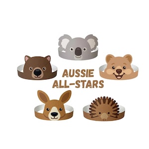 Puede incluir: Diademas de papel con animales australianos: un koala, un wombat, un canguro, un bilby y un quokka. Cada diadema tiene una cara de animal de dibujos animados y una banda blanca. El texto "AUSSIE ALL-STARS" está en el centro.